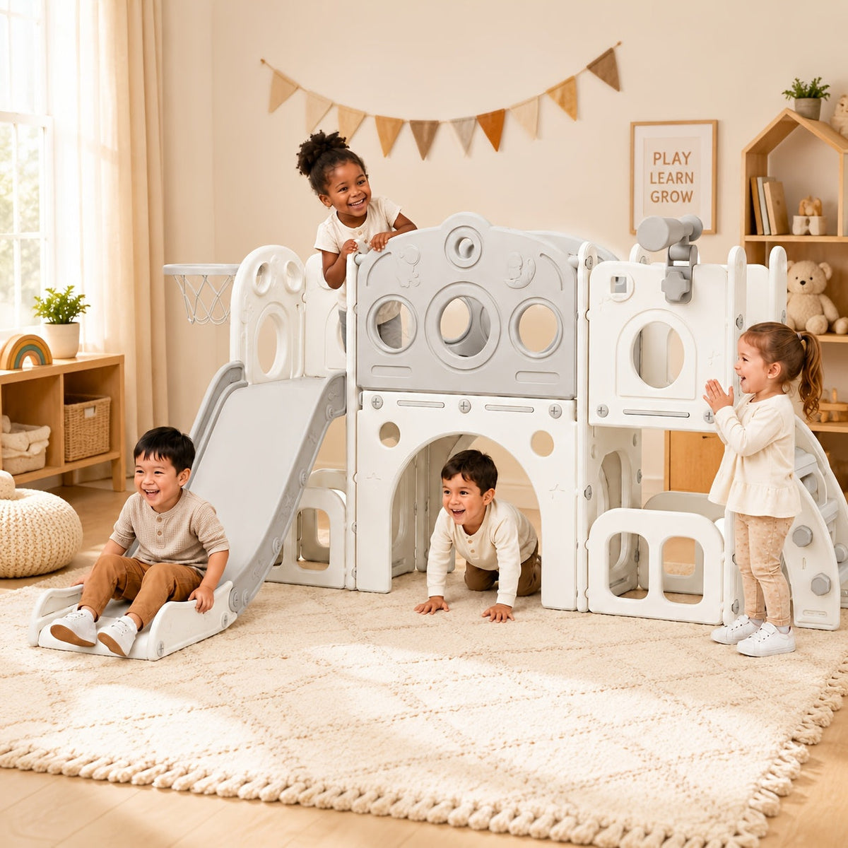 Toboggan pour enfants, aire de jeux intérieure et extérieure avec panier de basket et télescope, équipement de terrain de jeu pour jardin, cadeau d'anniversaire pour filles et garçons, gris, blanc, orange et vert