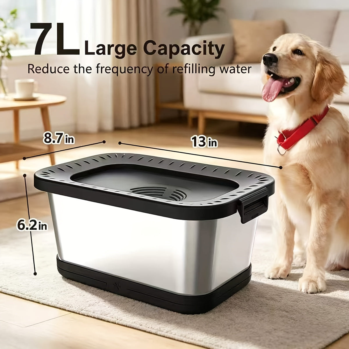 Gamelle pour chien en acier inoxydable de 7 L, anti-éclaboussures et anti-déversement, distributeur d'eau lente pour buveurs désordonnés, bol pour animal de compagnie robuste pour intérieur et extérieur – Grande capacité