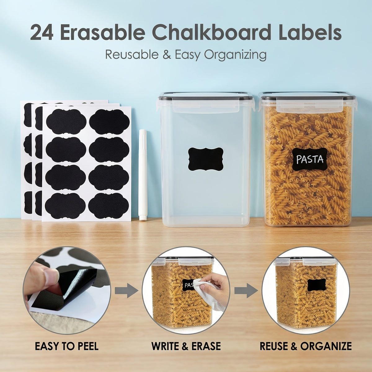Lot de 4 grands récipients alimentaires hermétiques avec couvercles – Boîtes en plastique sans BPA de 5,2 L pour farine, sucre, riz et ingrédients de pâtisserie – Inclut des tasses à mesurer et 24 étiquettes, noir