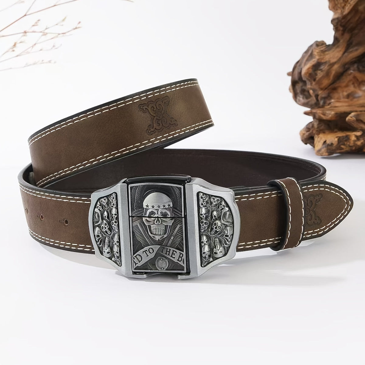 Ceinture de cowboy rétro avec briquet amovible – Ceinture fantaisie à motifs imprimés en relief (tête de mort, aigle, croix et motifs amérindiens), cadeau original pour hommes pour Noël, Thanksgiving et la Saint-Valentin