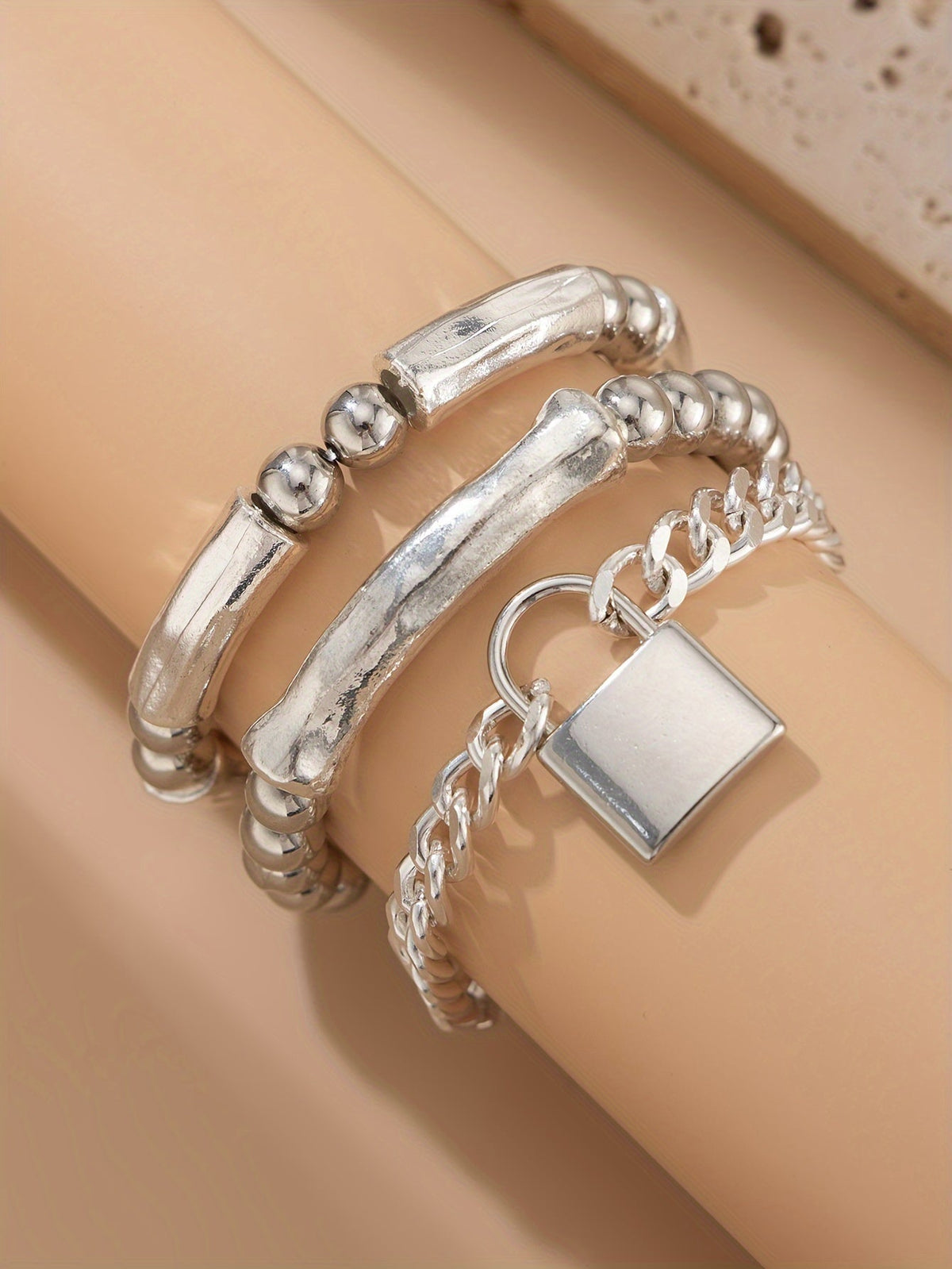 Lot de 3 bracelets punk en argent sterling 925 à perles avec pendentif cadenas – Bijou de poignet audacieux et empilable en argent pour femmes, hommes et ados, cadeau idéal pour les fêtes, festivals et au quotidien