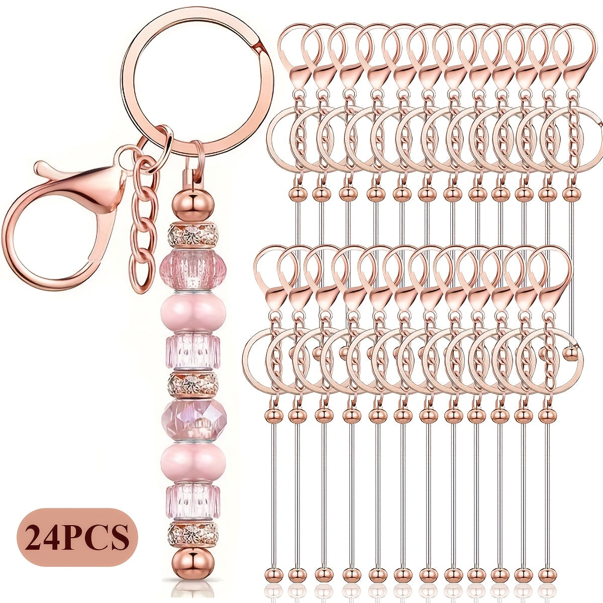 Kit de porte-clés à perler en acier inoxydable – 12 et 24 pièces, pendentifs en métal avec breloques pour loisirs créatifs, cadeaux de Noël et d'Halloween, doré, argenté et or rose