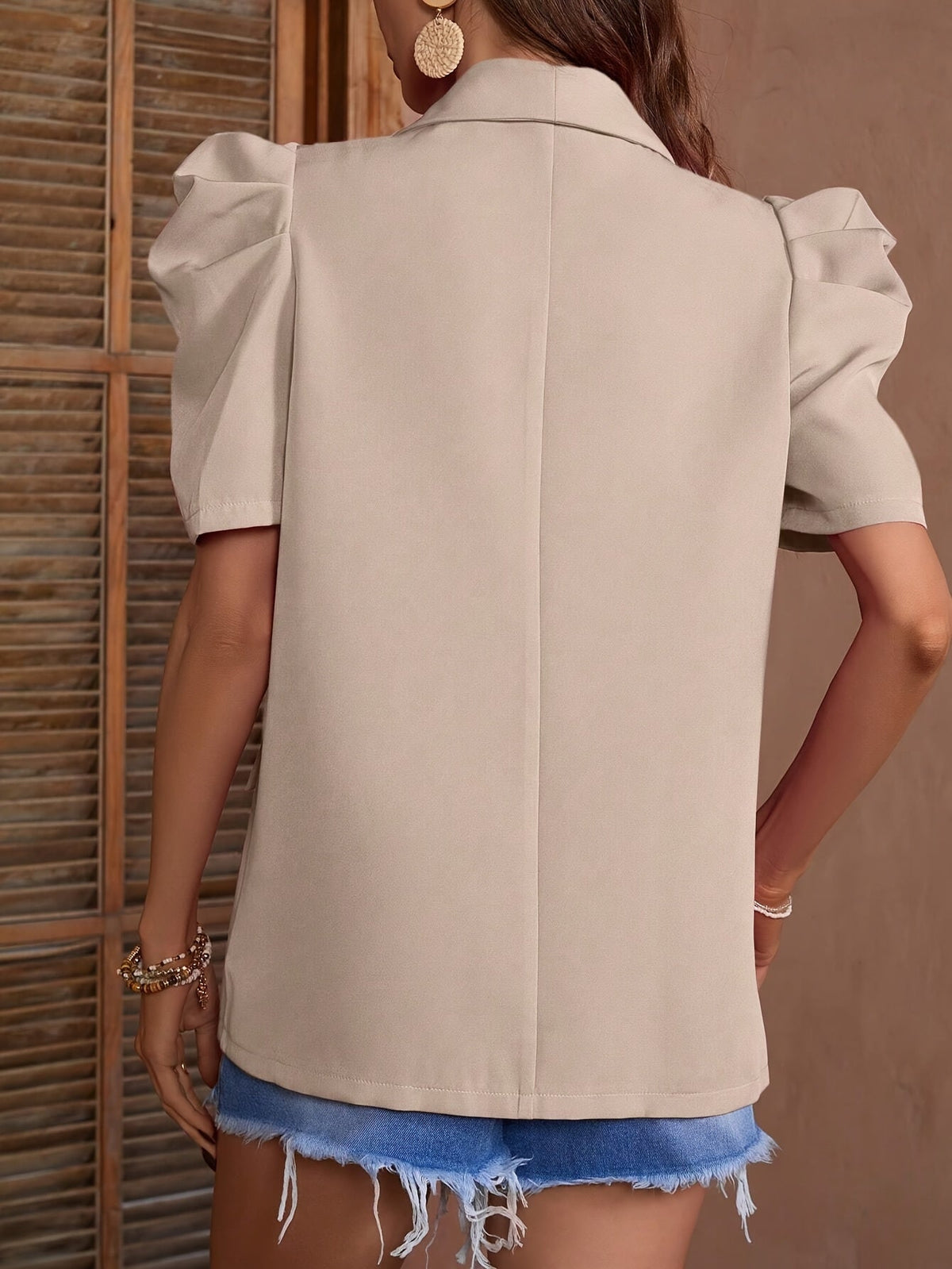 Blazer pour femme à manches lanternes, couleur unie, simple boutonnage, manches courtes, coupe ample, fausses poches, veste de tailleur, printemps été, kaki, noir, S M L XL XXL