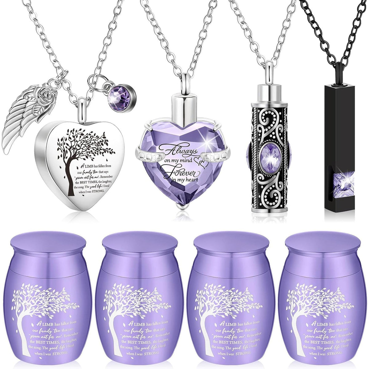 Lot de 8 petites urnes funéraires pour cendres – Ensemble de souvenirs en alliage avec pendentif médaillon en forme de cœur « Arbre de vie » pour hommes et femmes, cadeau commémoratif pour inhumation et crémation, 8 couleurs