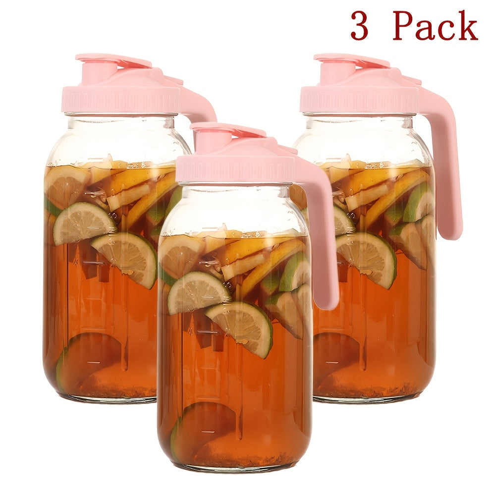 Bocal Mason de 1,9 L (64 oz) avec anse et couvercle – Carafe à boisson en verre borosilicaté de haute qualité sans BPA, étanche, lot de 2/3, pour le sport, l'extérieur, jus, eau, kombucha, cadeau de fête