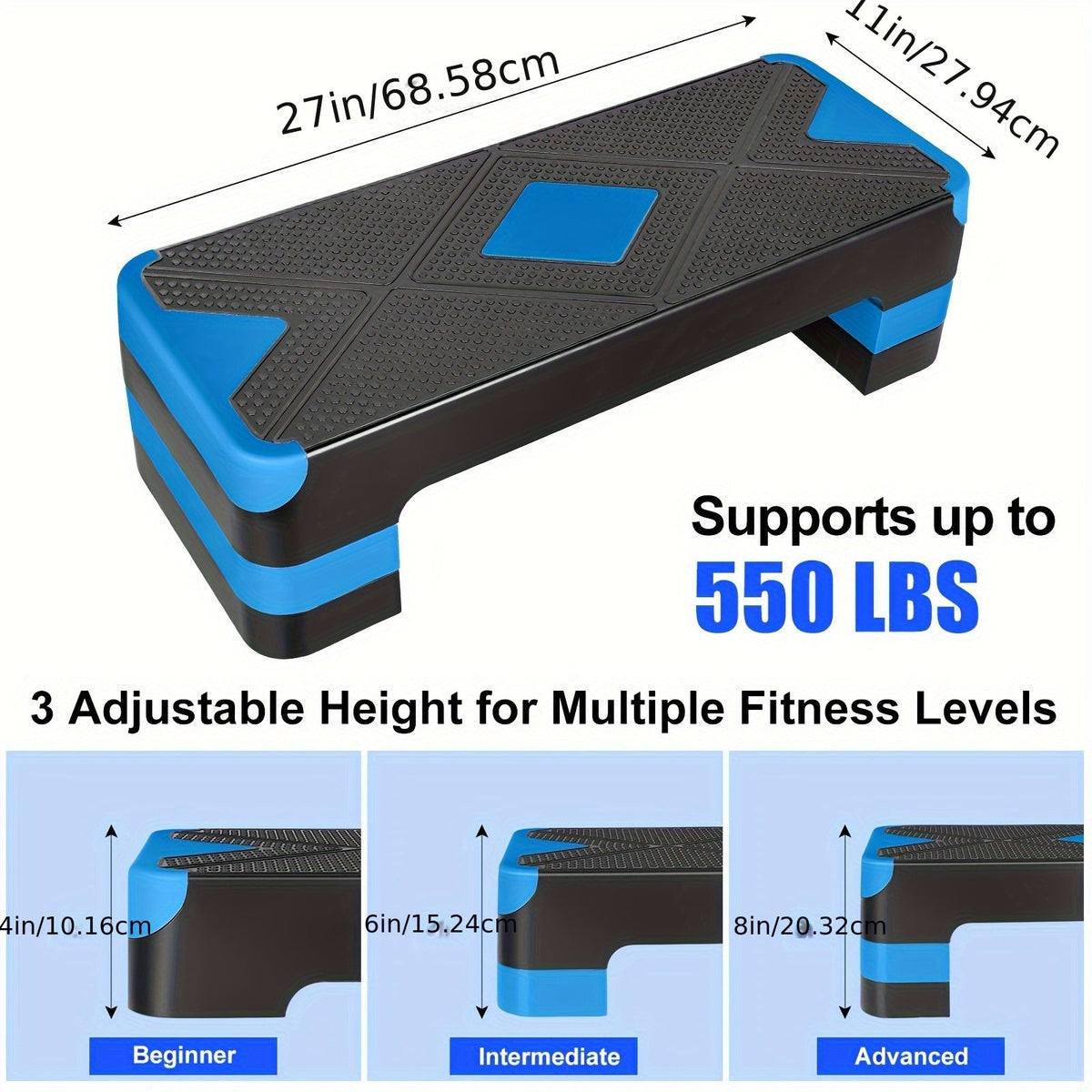 Plateforme de step aérobic réglable – 3 niveaux de hauteur (10/15/20 cm), stepper antidérapant pour entraînement cardio à domicile, planche d'exercice de step aérobic (6 couleurs)