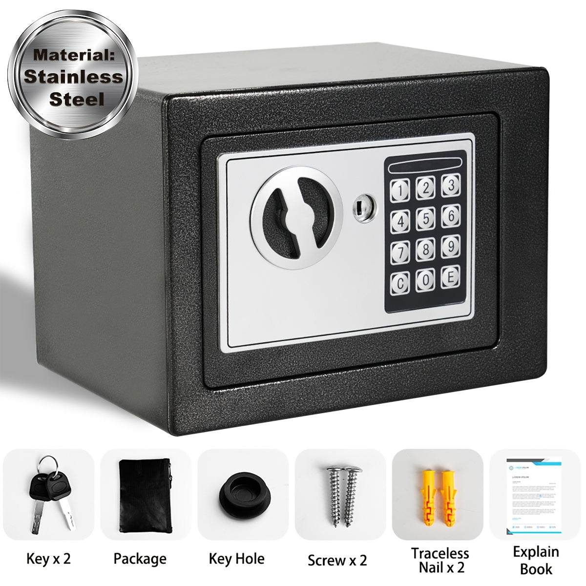 Coffre-fort ignifuge pour la maison avec clavier numérique, clés et verrouillage par code – Inclut sac ignifuge pour espèces, éclairage à détecteur et étagère réglable pour argent et objets de valeur au bureau ou à la maison