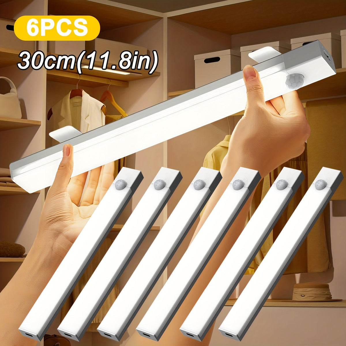 Lot de 6 lampes LED intelligentes avec détecteur de mouvement – Rubans lumineux magnétiques rechargeables par USB en 3 tailles, éclairage amovible pour placards, escaliers, étagères et usage intérieur