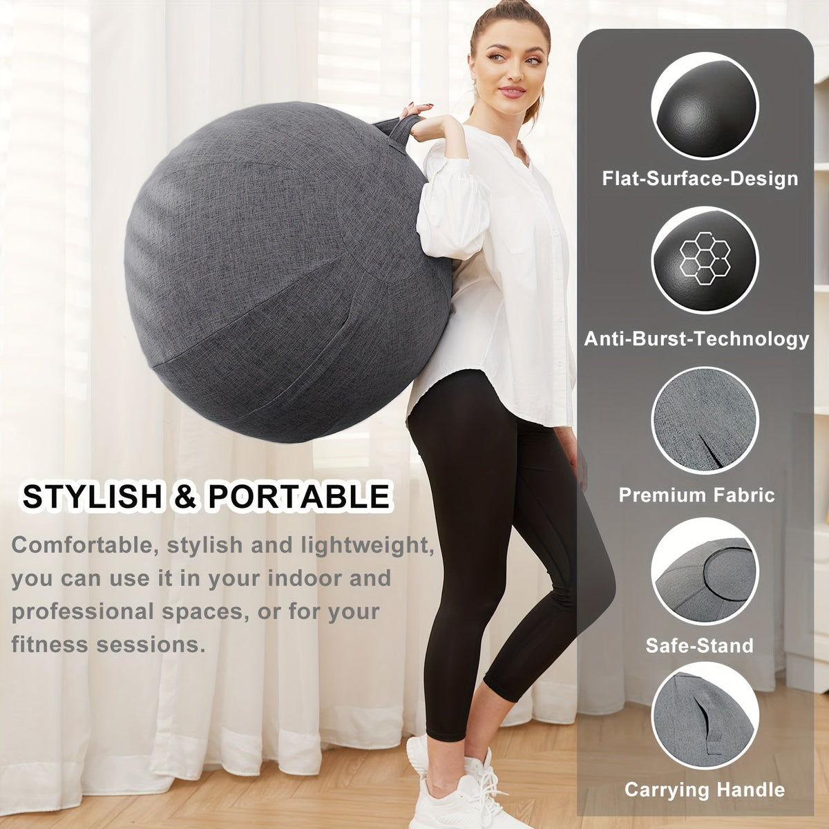 Chaise ballon d'exercice 65 cm avec housse en tissu, ballon de yoga anti-éclatement pour bureau, Pilates, renforcement musculaire, grossesse et accouchement – Améliore la posture et soulage les maux de dos, Gris & Noir