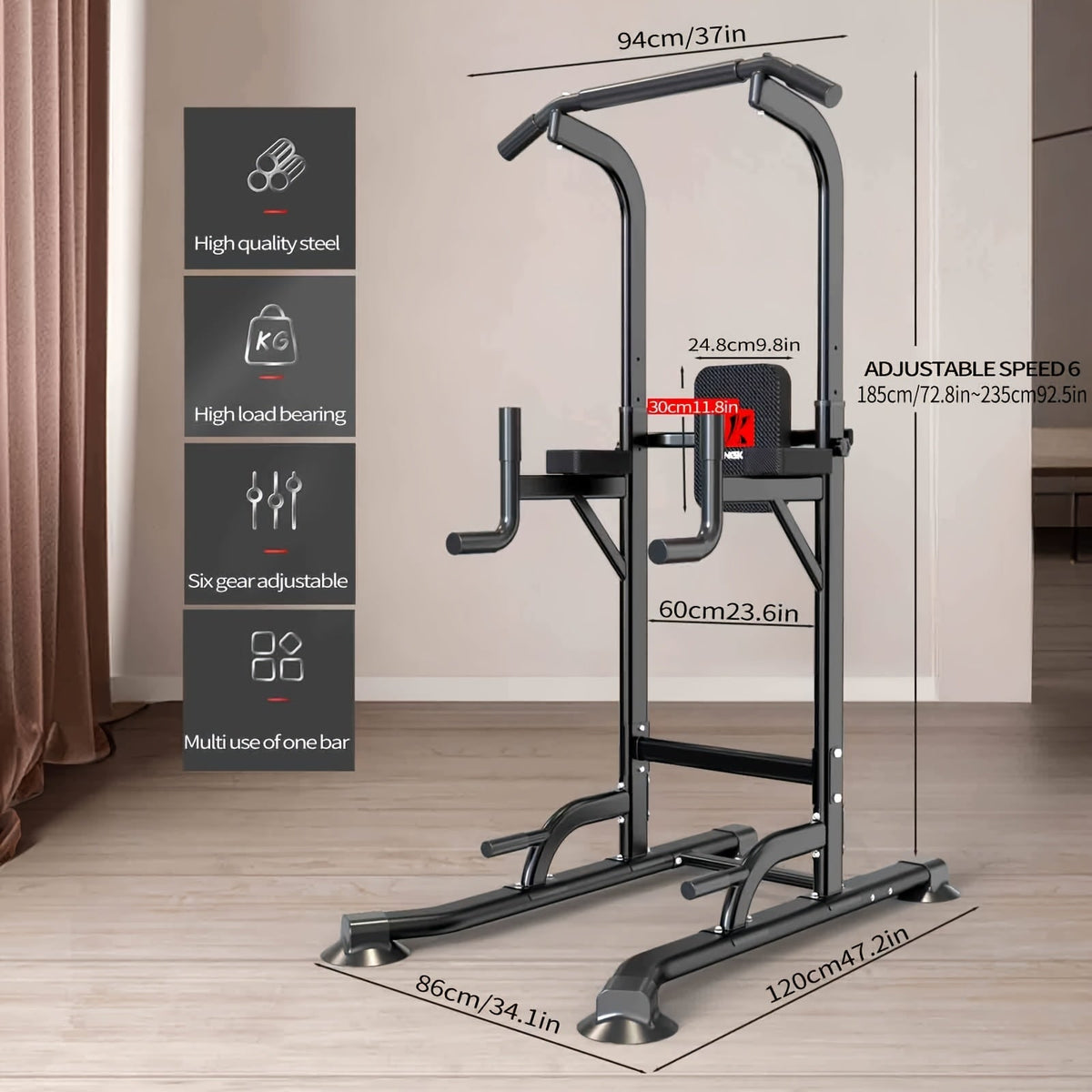 Adjustable Height Power Tower Dip Station – Multi-Function Pull Up Bar, Strength Training Workout Station for Home Gym – Black T055KX, No Backrest & Red T055CDU Models