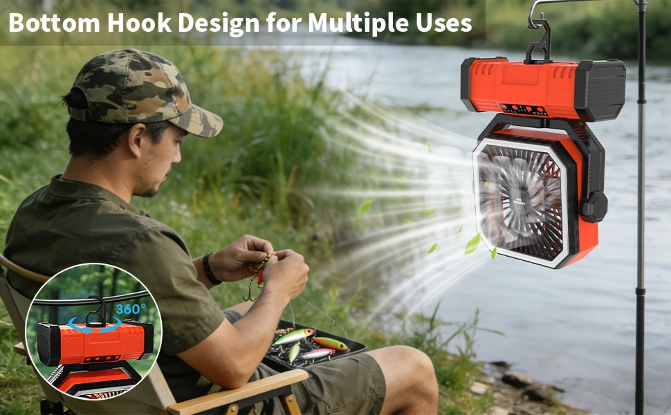 Ventilateur de camping portable 20 000 mAh avec télécommande, lumières LED, 4 vitesses et rotation à 360° – Ventilateur oscillant rechargeable sur batterie pour camping en plein air, camping-car et voyage