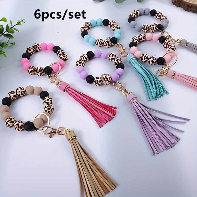 Lot de 6 porte-clés en perles de bois à motif léopard avec pompon et perles en silicone – Porte-clés de poignet idéal pour offrir à maman, à des amis ou pour les fêtes