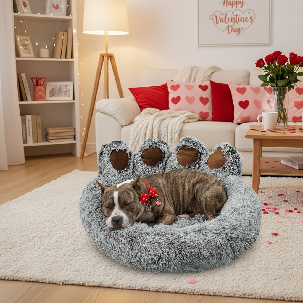 Lit pour chien et chat en forme de patte d'ours – Coussin rond apaisant, chaud et doux en peluche pour animal de compagnie avec foulard bonus, S M L XL 2XL Café Rose Gris Marron pour chiens et chats de petite, moyenne et grande taille