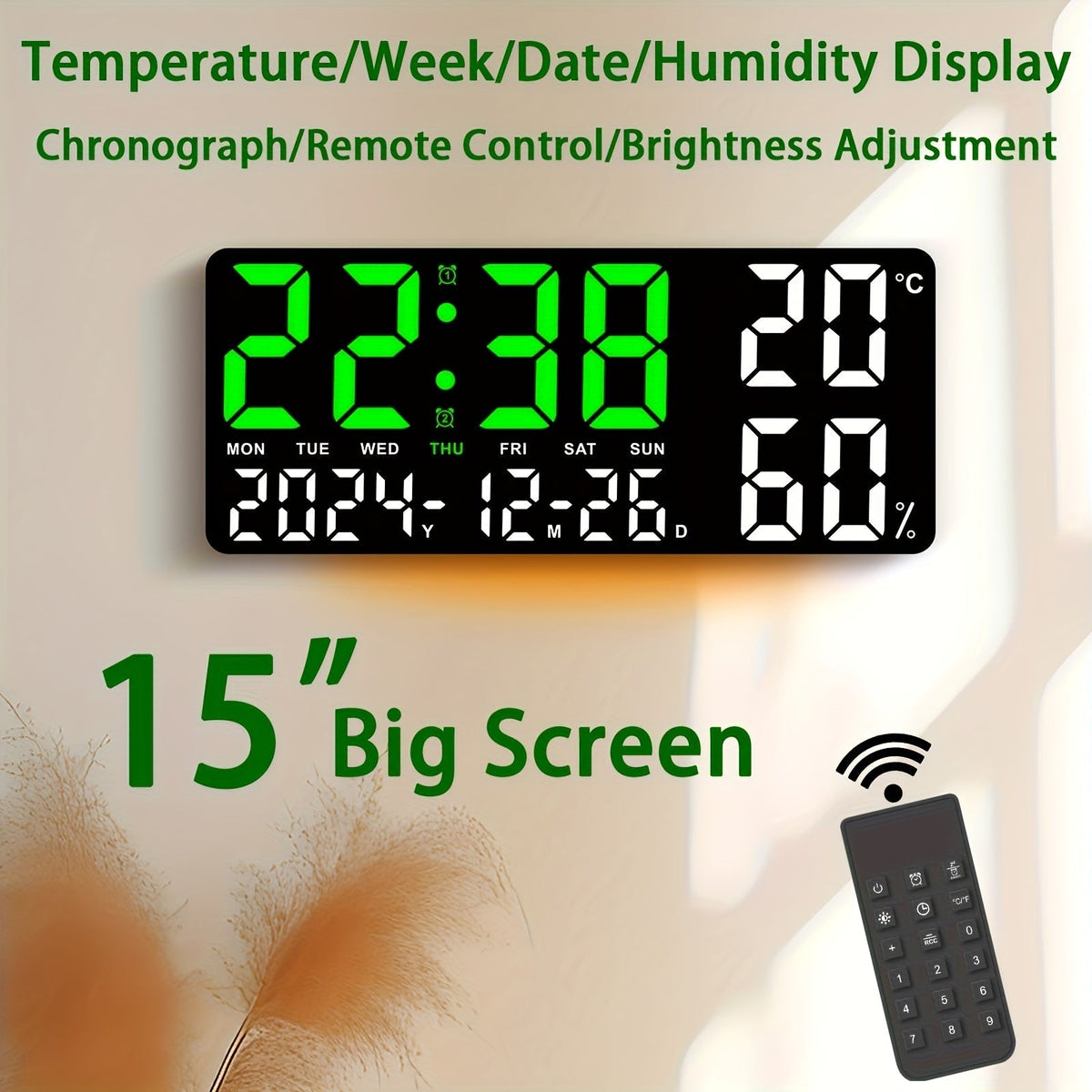 Réveil LED à grand écran avec télécommande à atténuation automatique – Horloge numérique de 15 pouces affichant l'heure, la date, le jour de la semaine, la température et l'humidité – Horloge de chevet pour seniors, salon, bureau