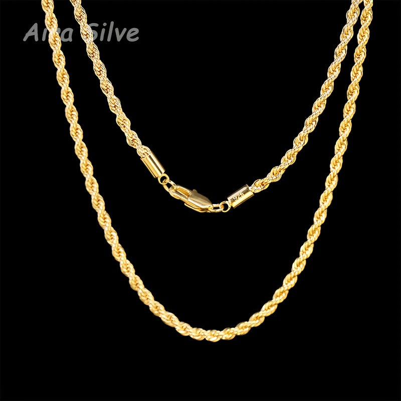 Collier chaîne torsadée en argent sterling 925 plaqué or 18 carats, chaîne tressée de 2,8 mm pour hommes et femmes, collier unisexe minimaliste, tailles de 18 à 34 pouces, avec coffret cadeau pour anniversaire, fête ou occasion spéciale