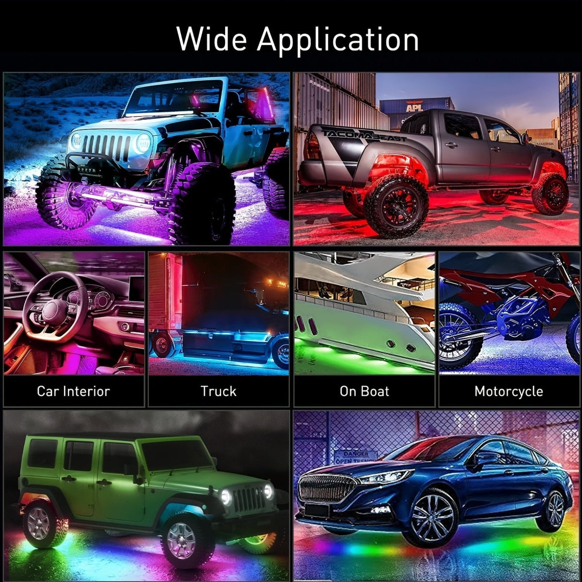 Kit d'éclairage d'ambiance LED pour voiture – Contrôle via application et sans fil, modes multi-scènes, 2 bandes (60 cm x 90 cm), compatible avec voitures, camions et SUV, éclairage décoratif intérieur et extérieur