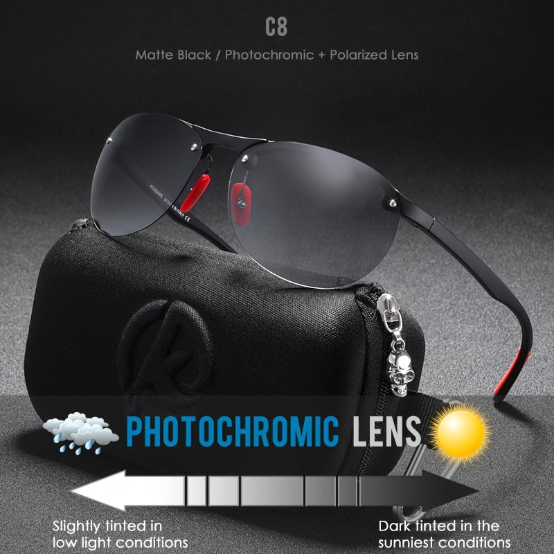 Lunettes de soleil polarisées photochromiques KDEAM pour hommes et femmes – Monture ovale sans bord en TR90 léger, verres TAC à assombrissement automatique, protection UV400, finition miroir, étui rigide et chiffon inclus