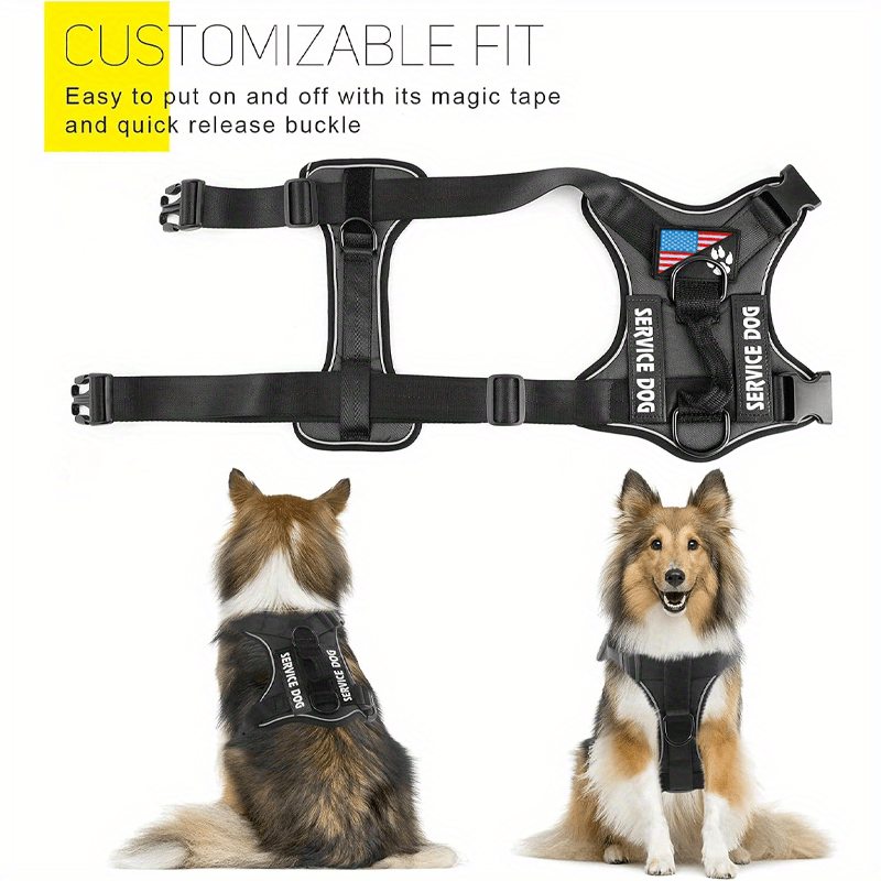 Harnais anti-traction pour chien avec gilet réfléchissant et 5 écussons – Harnais de service réglable en maille Oxford souple, avec attaches avant et arrière pour chiens de petite, moyenne et grande taille, de XS à XL