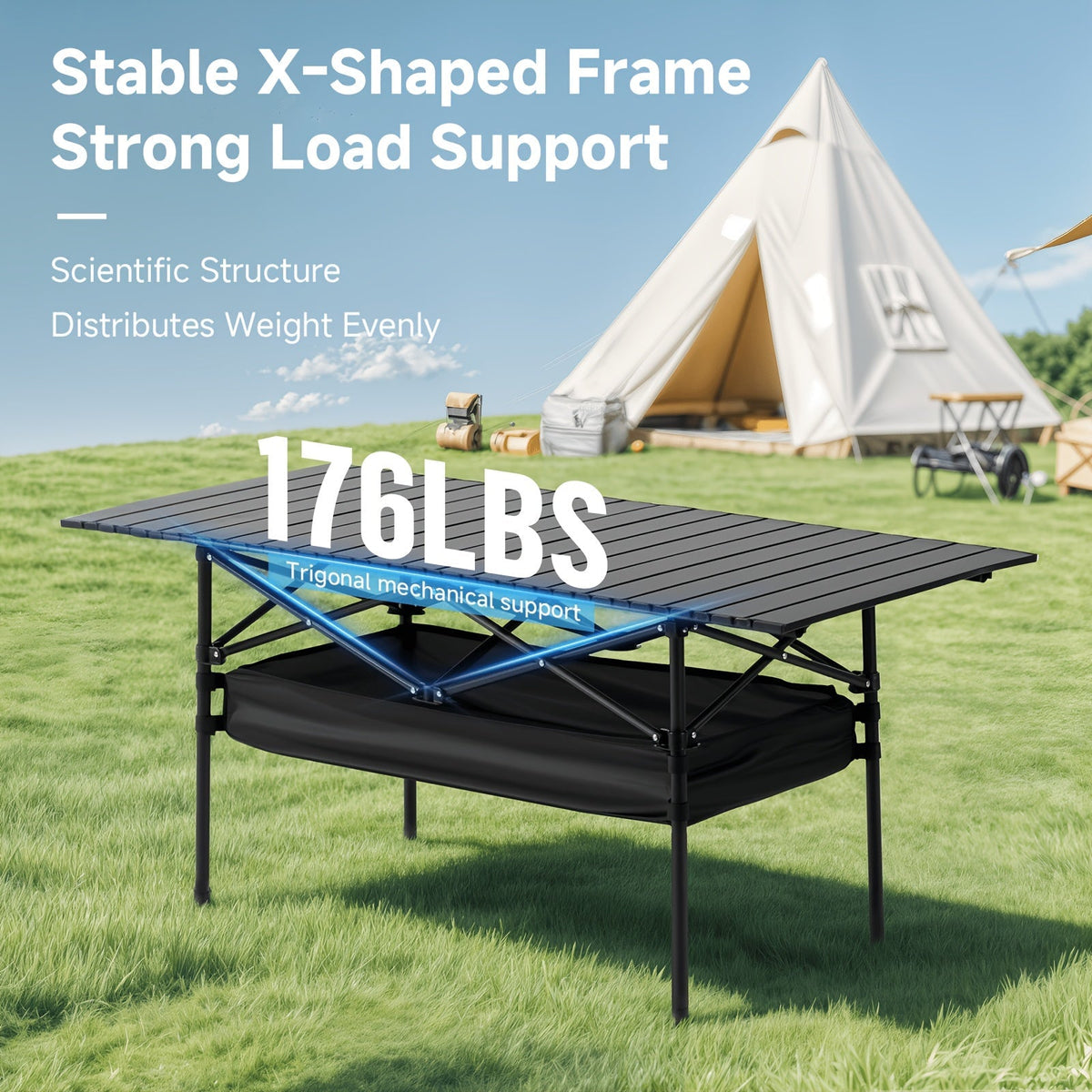 Table de camping pliante portable en aluminium, légère, pour pique-nique en plein air, avec filet de rangement et sac de transport – Hauteur réglable 95 cm, facile à ranger, pour camping, plage, jardin, barbecue, fête et terrasse