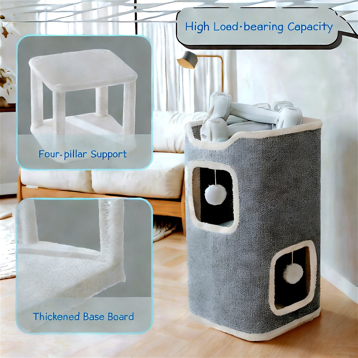Arbre à chat pliable à plusieurs niveaux pour chats d'intérieur - Maison pour chat résistante aux griffures avec couchage douillet, cachette et balles à grelots, meuble pour chat de 1 à 3 étages pour grimper, jouer et se reposer