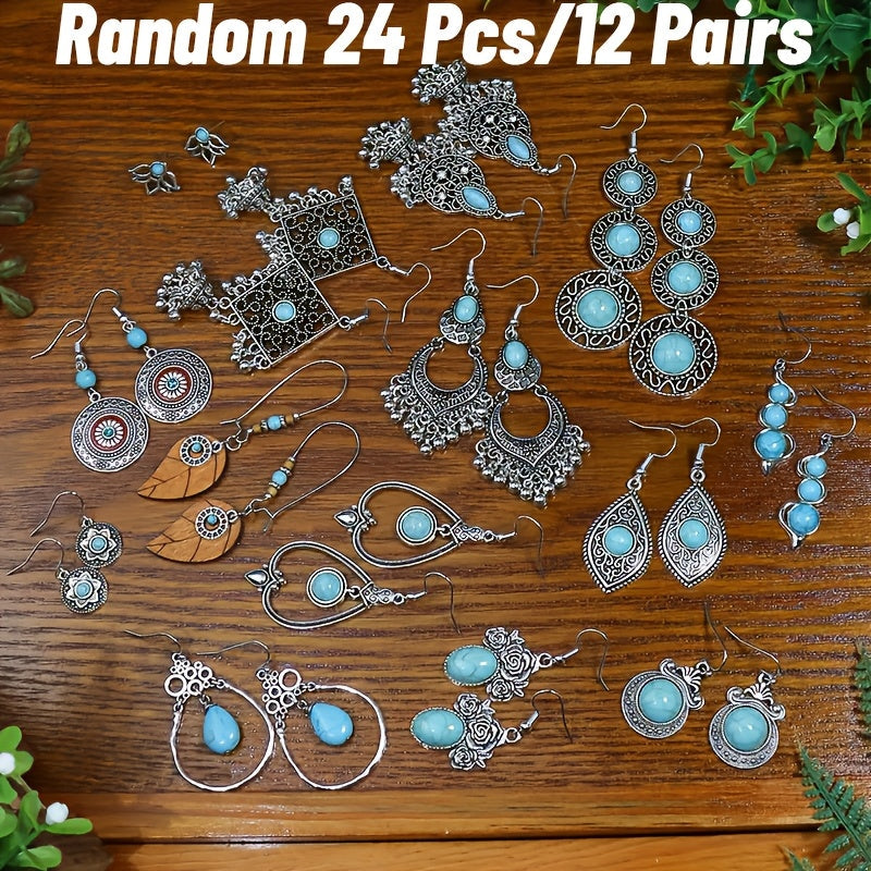 Lot de 12 paires de boucles d’oreilles pendantes bohèmes en turquoise pour femme – Boucles d’oreilles pendantes vintage feuilles et cœurs, cadeau idéal pour les fêtes, à porter au quotidien