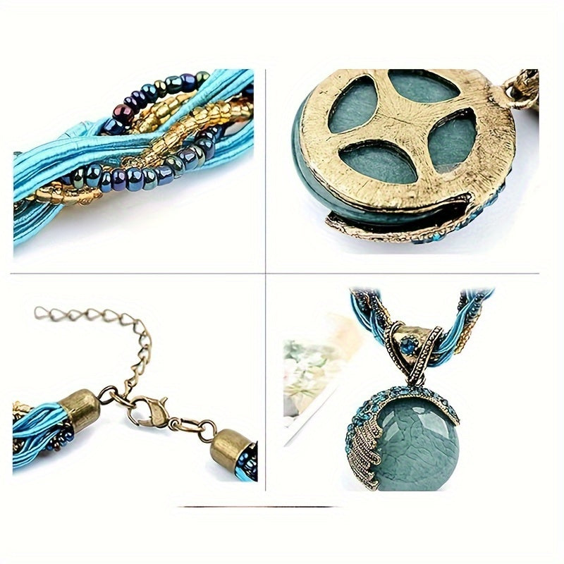 Collier ras-du-cou bohème avec pendentif en turquoise et strass pour femme, bijou vintage à chaîne en corde tressée torsadée, ajustable et imposant