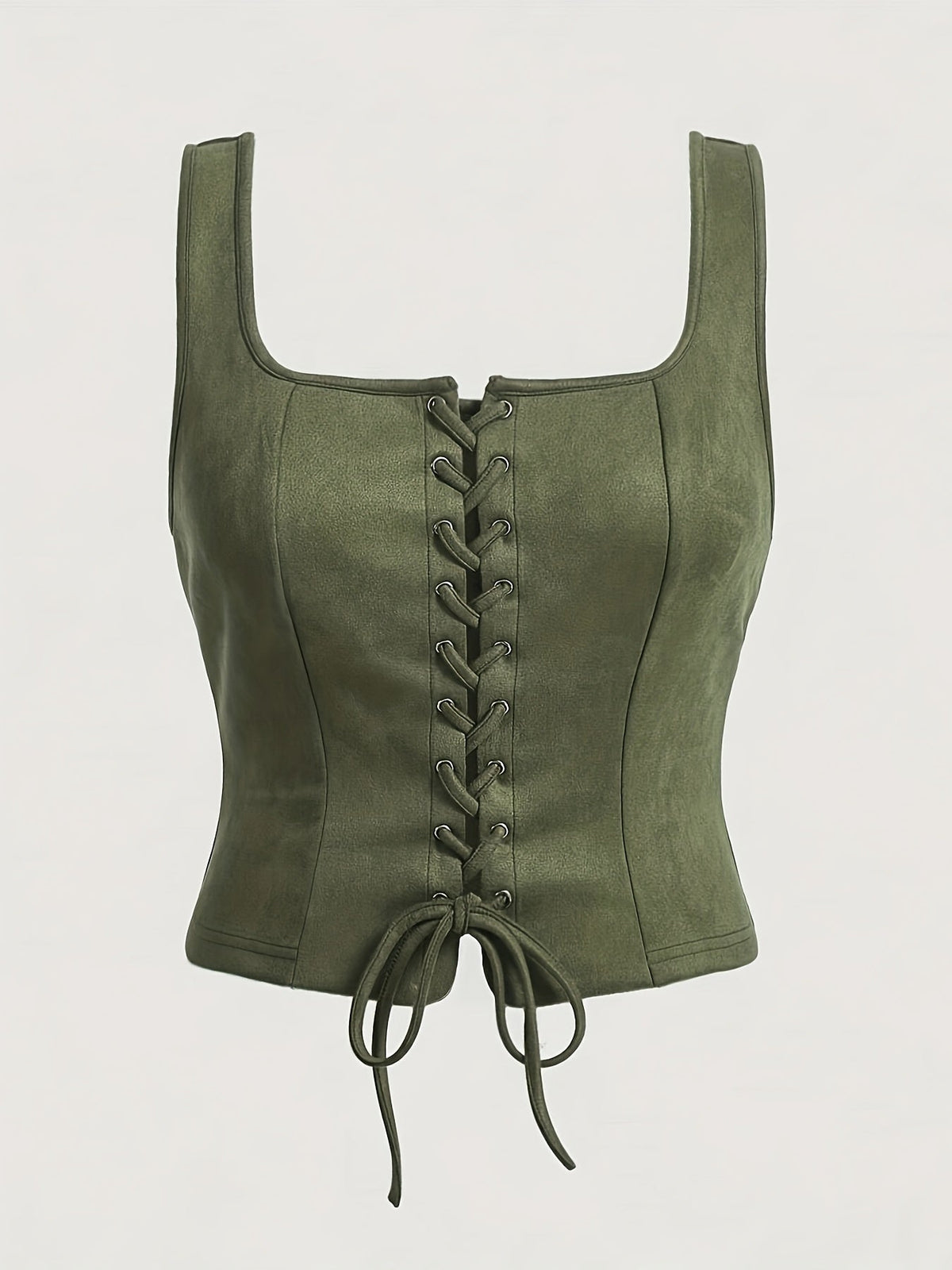 Gilet vintage à lacets avec cordon de serrage pour femme, haut tissé élégant, chemisier sans manches, printemps, été, automne, vert kaki, S M L XL