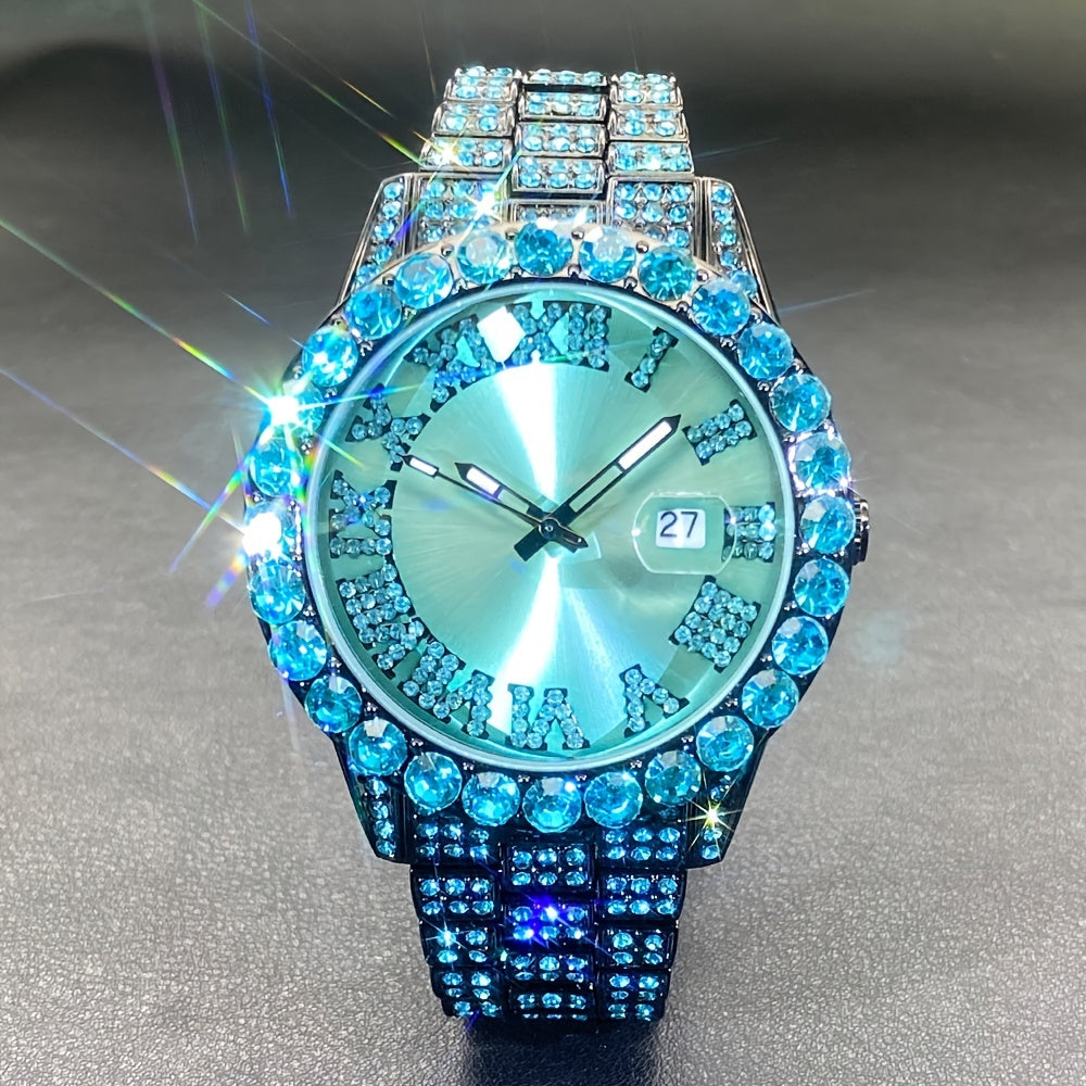 Ensemble de montres pour couples avec strass, mouvement à quartz de luxe, calendrier, affichage lumineux pour hommes et femmes, montre cadeau de mode pour fête avec strass rouges et bleu glacier