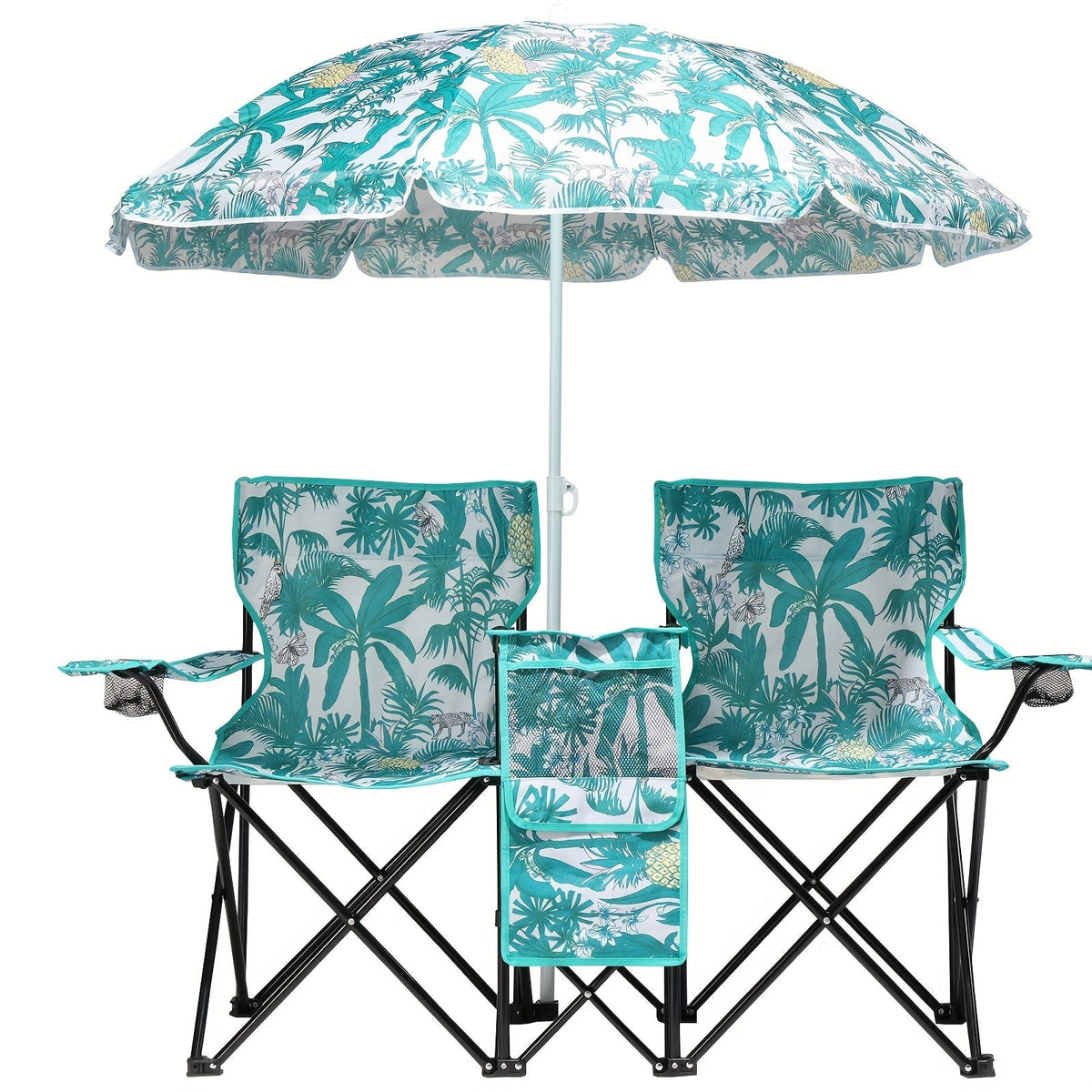 Chaise pliante d'extérieur pour 2 personnes avec parasol amovible – Canapé de camping portable avec accoudoirs pour la pêche, la plage, le bronzage et le pique-nique