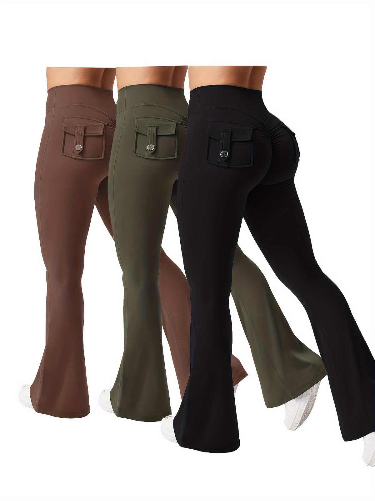 Ensemble 3 pièces pour femme : pantalon de yoga évasé à taille haute avec ceinture et poches, legging galbant effet push-up, squat-proof, 90 % polyester extensible, coupe évasée pour le sport, la gym, la course et le quotidien