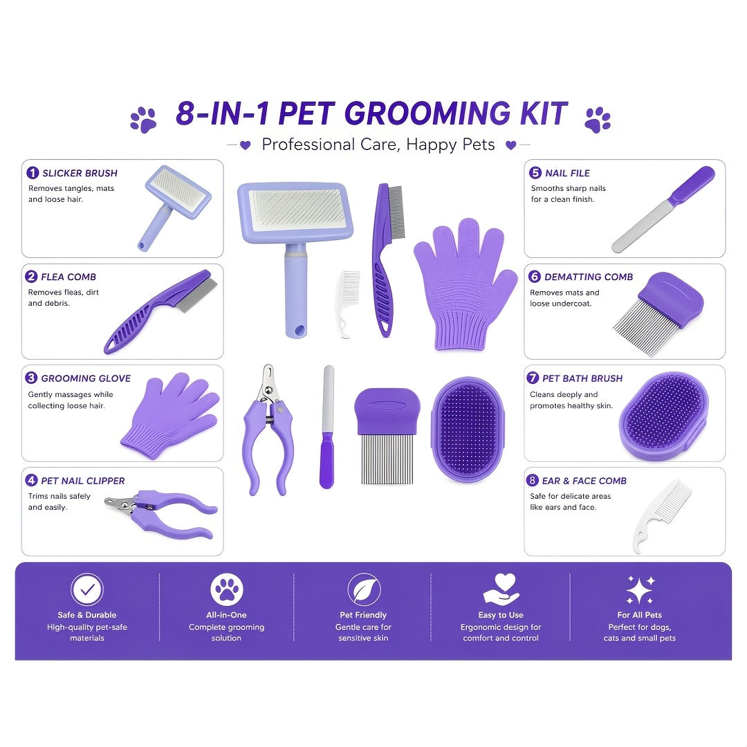 Kit de 8 peignes de toilettage pour chiens, chats et petits animaux - Kit complet d'entretien pour poils longs et courts, peignes multifonctions pour tous les types de pelage, essentiel pour le toilettage à domicile (violet)