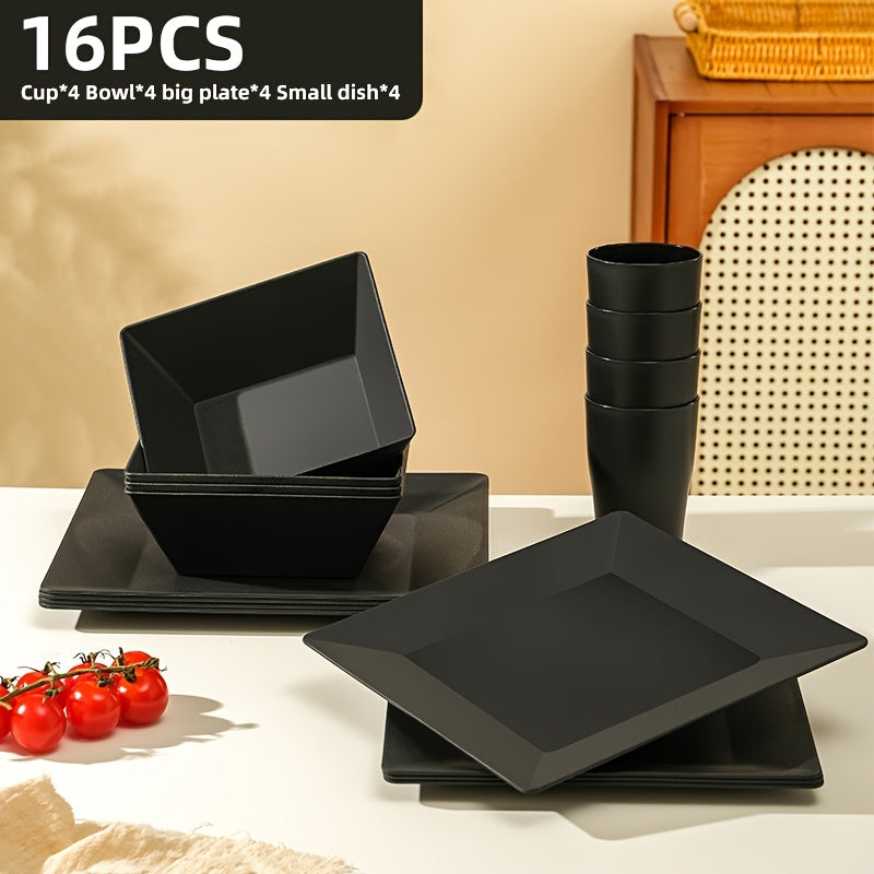 Black Wheat Straw Tableware Set β 16/32 Piece Unbreakable Eco-Friendly Plates Dessert Plates Bowls & Cups for 4-8 People, Outdoor Camping Party Wedding Halloween Kitchen Accessories