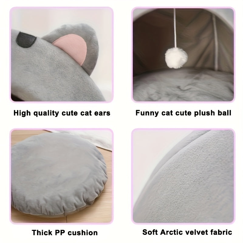 Niche pour chat, lit douillet et chaud pour chaton avec coussin amovible et lavable, design mignon avec oreilles de chat, tente semi-fermée pour chats d'intérieur et chatons – Lit de couchage en peluche douce antidérapant pour animaux