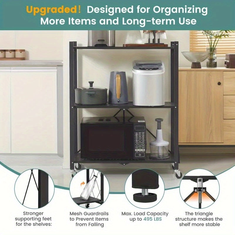Étagère de rangement pliable en métal robuste à 3 niveaux avec roulettes, capacité de 340 kg – Unité de rayonnage roulante et mobile pour garage, cuisine, entrepôt et organisation de la maison, noir