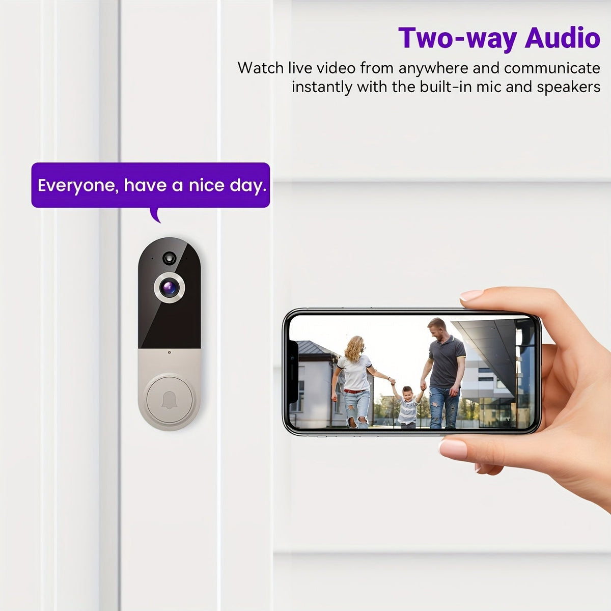 Sonnette vidéo intelligente sans fil 2K – Sonnette Wi-Fi avec vision nocturne, capture d'écran par IA, interphone bidirectionnel, batterie rechargeable et stockage local, caméra de sécurité pour porte d'entrée