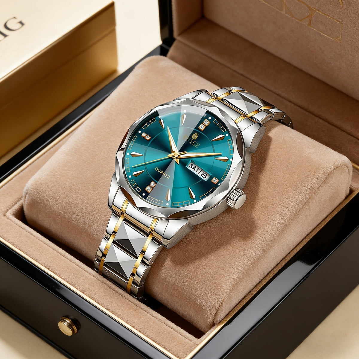 Montre à quartz pour homme RUIGE – Veilleuse, double calendrier, cadran à facettes façon diamant, boîtier en acier inoxydable, bracelet en alliage, montre-bracelet business décontracté, cadeau idéal pour la fête des pères