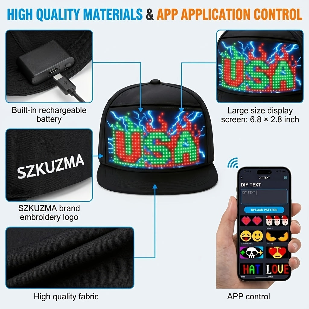 Casquette LED programmable contrôlée par application avec texte défilant et animation, casquette lumineuse unisexe réglable, intelligente, pour fête, mariage, Saint-Valentin, carnaval, festival, hommes et femmes