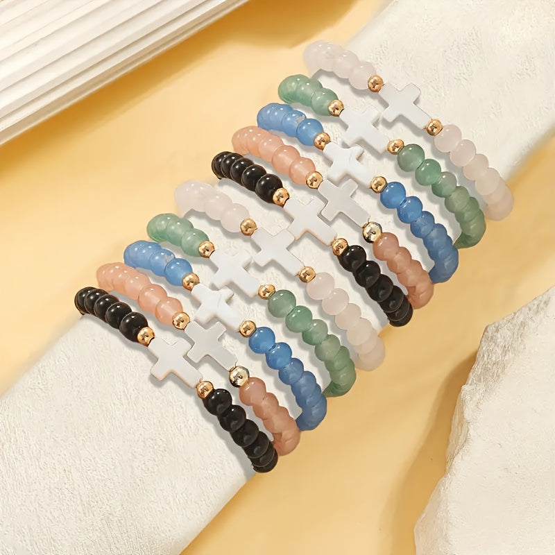 Lot de 10 bracelets bohèmes en perles de verre avec croix – Bracelets élastiques multi-rangs empilables avec accents en zircon et alliage de zinc, bijoux élégants pour le quotidien, les fêtes et les cadeaux