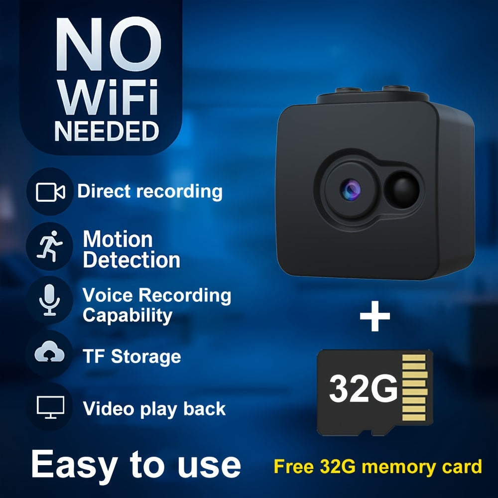 Mini caméra de sécurité espion sans WiFi – Prise en charge carte SD 32 Go, enregistrement en boucle, batterie rechargeable, Plug & Play – Sécurité domestique, babyphone, caméra pour animaux, surveillance de bureau