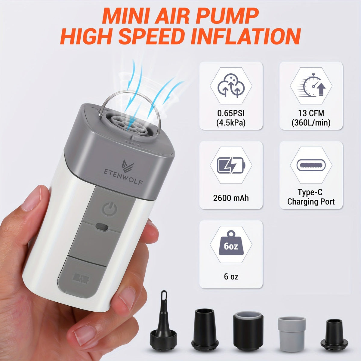 Pompe à air électrique portable 2600 mAh rechargeable par USB – Gonflage ultra-rapide pour matelas pneumatique, bouée, sacs de rangement sous vide et sacs de couchage, pompe de camping compacte et légère pour l'extérieur