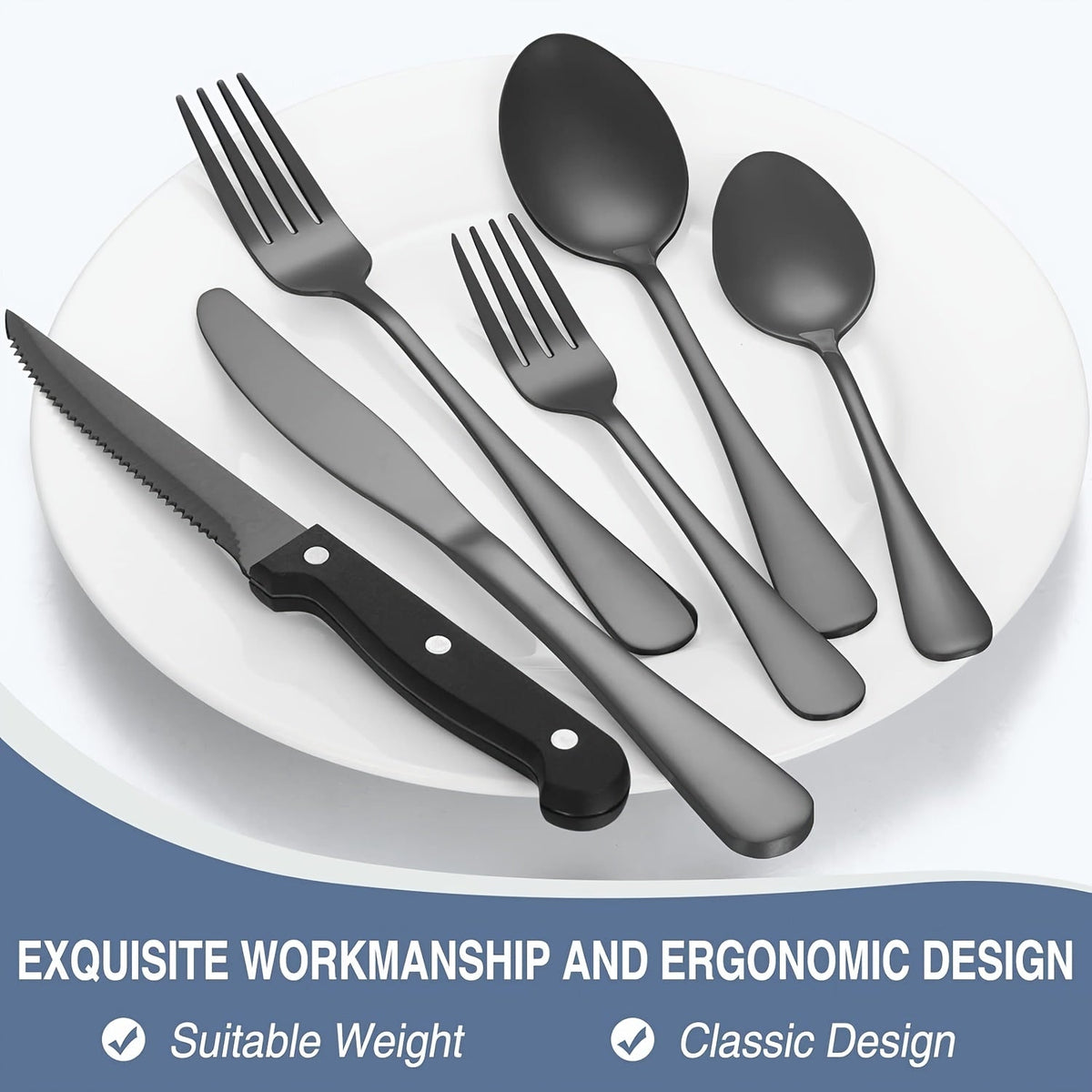 Service de couverts 48 pièces avec couteaux à steak pour 8 personnes – Ménagère en acier inoxydable 304, finition miroir, lavable au lave-vaisselle, cuillères, fourchettes, couteaux, argenté noir