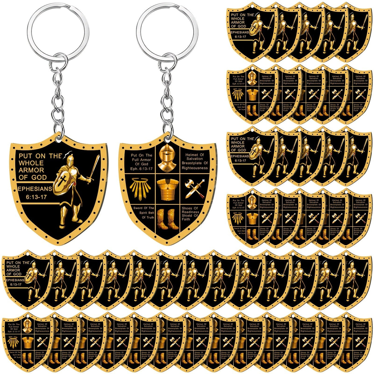 Lot de 36 porte-clés « Armure de Dieu » – Cadeaux religieux de Noël pour hommes, chevalier militaire, acrylique et alliage de zinc, cadeaux d'invités pour église