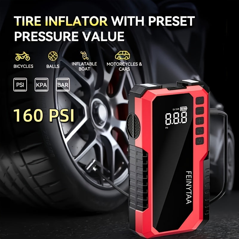 Démarreur avec gonfleur de pneus numérique 5000A/10000A en pic, booster de batterie multifonction pour voiture avec pinces intelligentes, lampe torche LED et batterie externe, kit d'urgence pour voiture, camping-car et moto