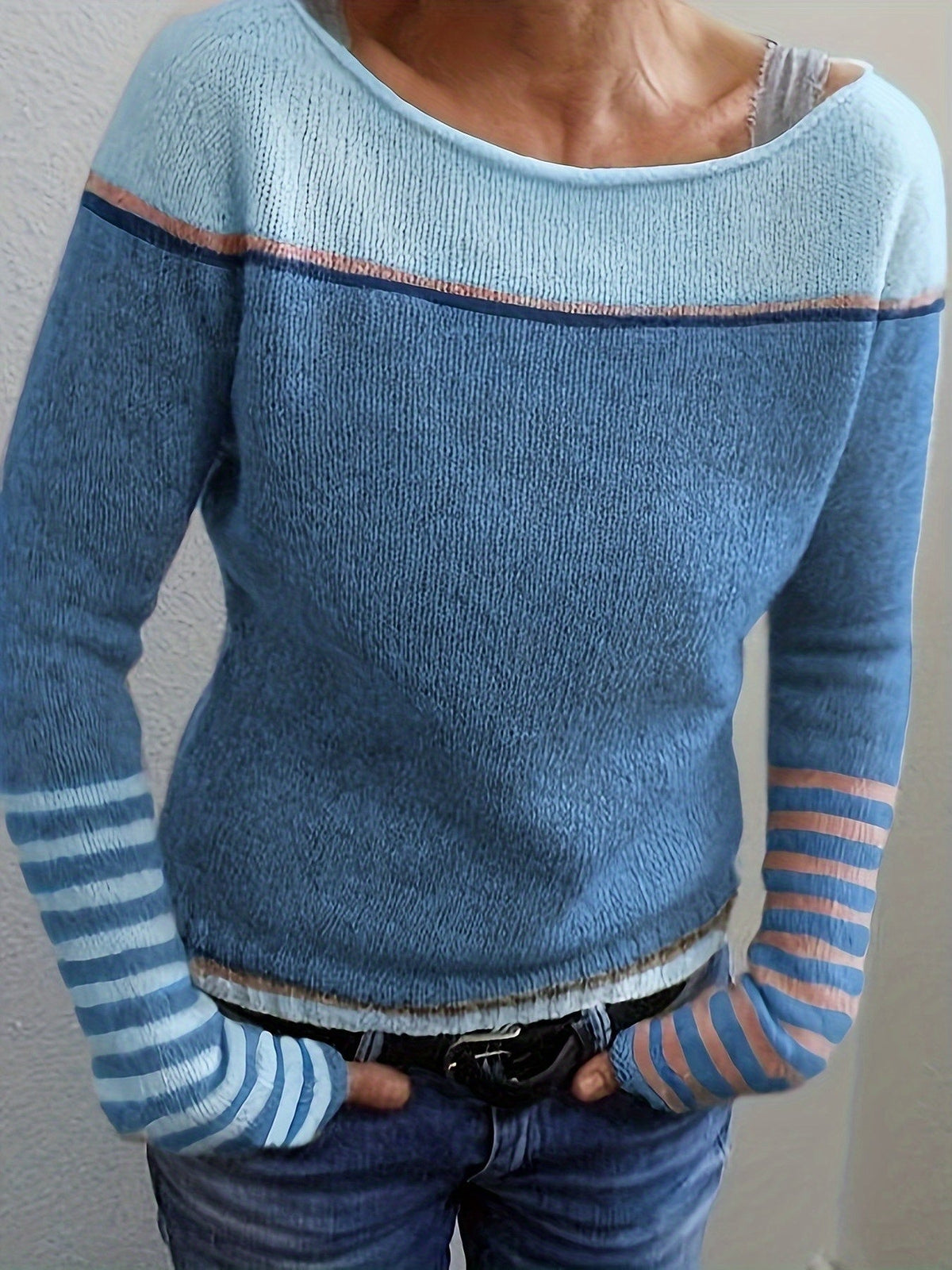 Pull en maille asymétrique pour femme à rayures et blocs de couleurs, manches longues, encolure large épaules dénudées, haut décontracté chic pour printemps et automne, gris bleu vert violet S-XL