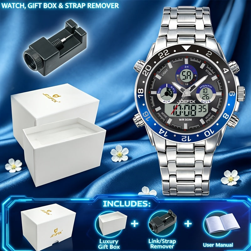 Montre chronographe d'affaires vintage pour homme avec bracelet en acier – Montre-bracelet étanche à double mouvement avec outil de réglage de bracelet, cadeau d'anniversaire ou de fête des pères pour homme