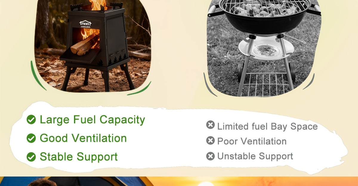 Réchaud de camping portable à bois avec ciseaux barbecue - Poêle de randonnée léger et kit de grill de pique-nique pour le voyage et le camping