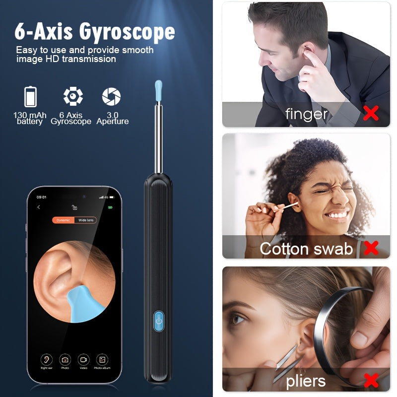 Kit otoscope caméra Wi-Fi 1080P HD pour nettoyage des oreilles – Outil de soin auriculaire avec 6 cure-oreilles et pince, rechargeable, compatible iPhone et Android