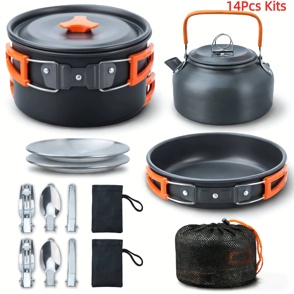 Kit de cuisine de camping 8/9/14/15 pièces, ensemble de cuisson portable antiadhésif en alliage d'aluminium avec bouilloire, casserole, poêle, assiettes et ustensiles, équipement de cuisine léger pour randonnée et voyage
