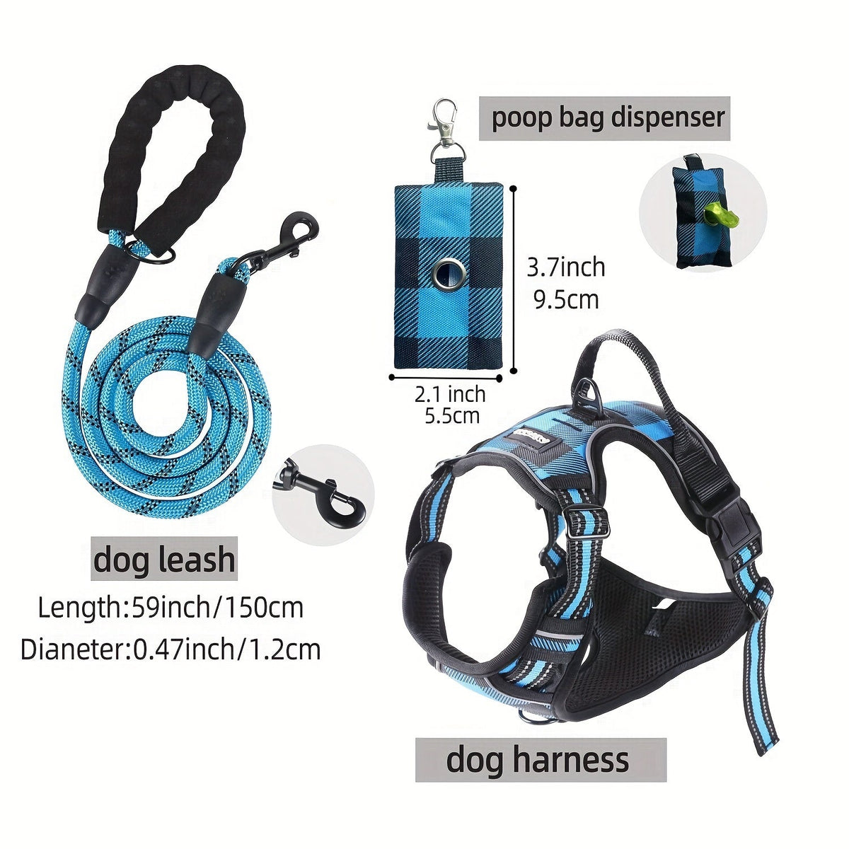 Ensemble laisse, harnais et distributeur de sacs à déjections pour chien – Harnais gilet réglable, respirant et anti-fugue pour chiens de taille moyenne à grande avec bandes réfléchissantes – Kit de promenade anti-traction rembourré avec porte-sac intégré