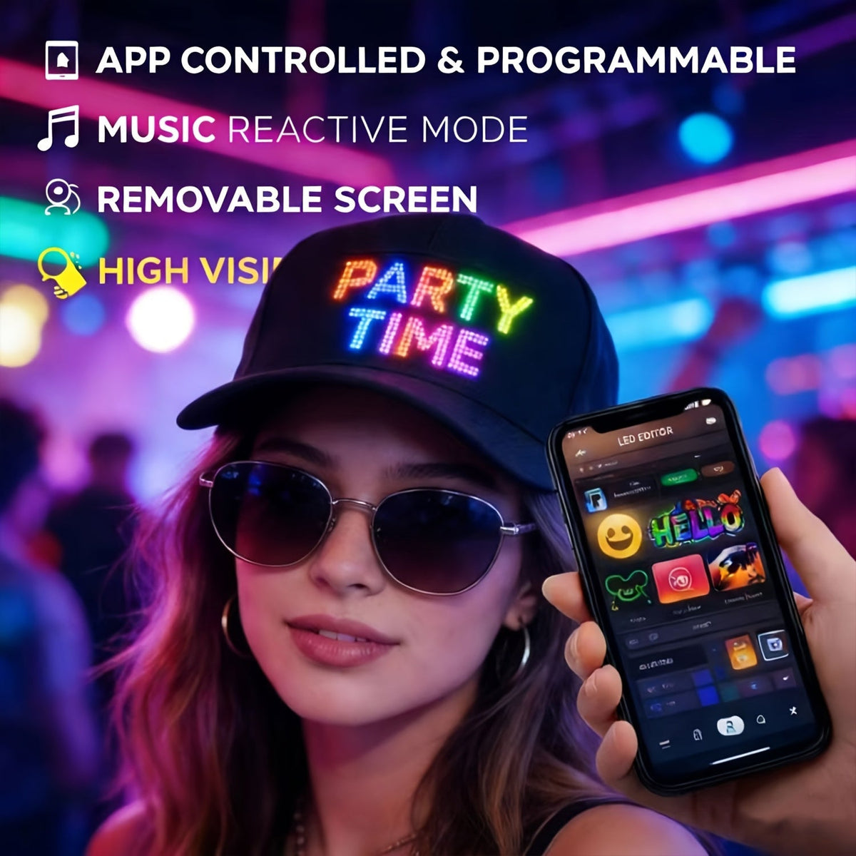 Casquette de baseball LED programmable – Texte et animations défilants via application Bluetooth, casquette lumineuse rechargeable pour fêtes, festivals de musique et courses nocturnes, cadeau réglable pour ados